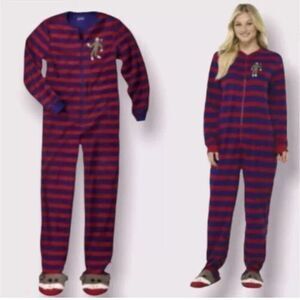 Nick & Nora Red and Blue Striped Footed Sock Monkey Pajamas Size Small